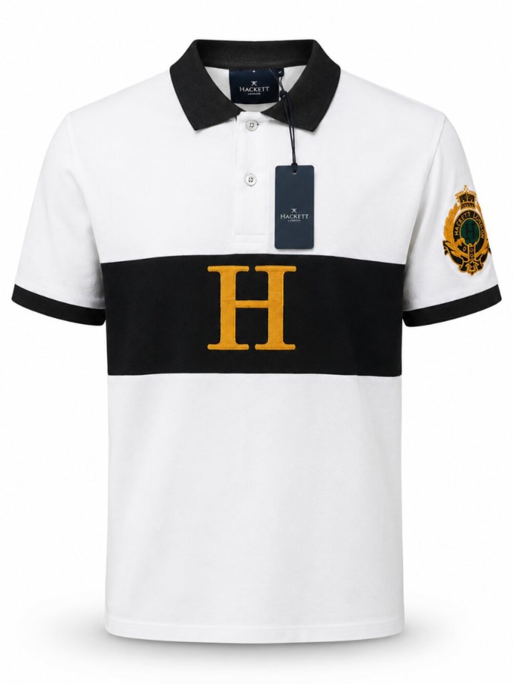 Hackett London Men’s White Black Polo Shirt Gold H Logo Short Sleeve NWT
